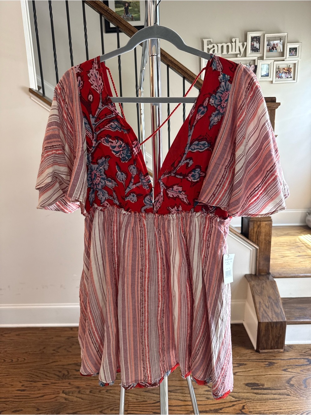 Free People Red Floral & Striped V-Neck Mini Dress